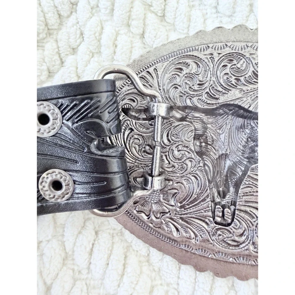 Black Western Cowboy Belt with Silver Longhorn Skull Buckle‎ Waist 42